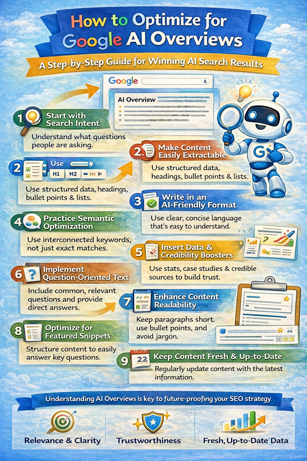 Infographic showing a step-by-step guide to optimizing for Google AI Overviews, including search intent, structured content, AI-friendly writing, semantic SEO, data credibility, question-based content, readability, featured snippets, and content freshness.