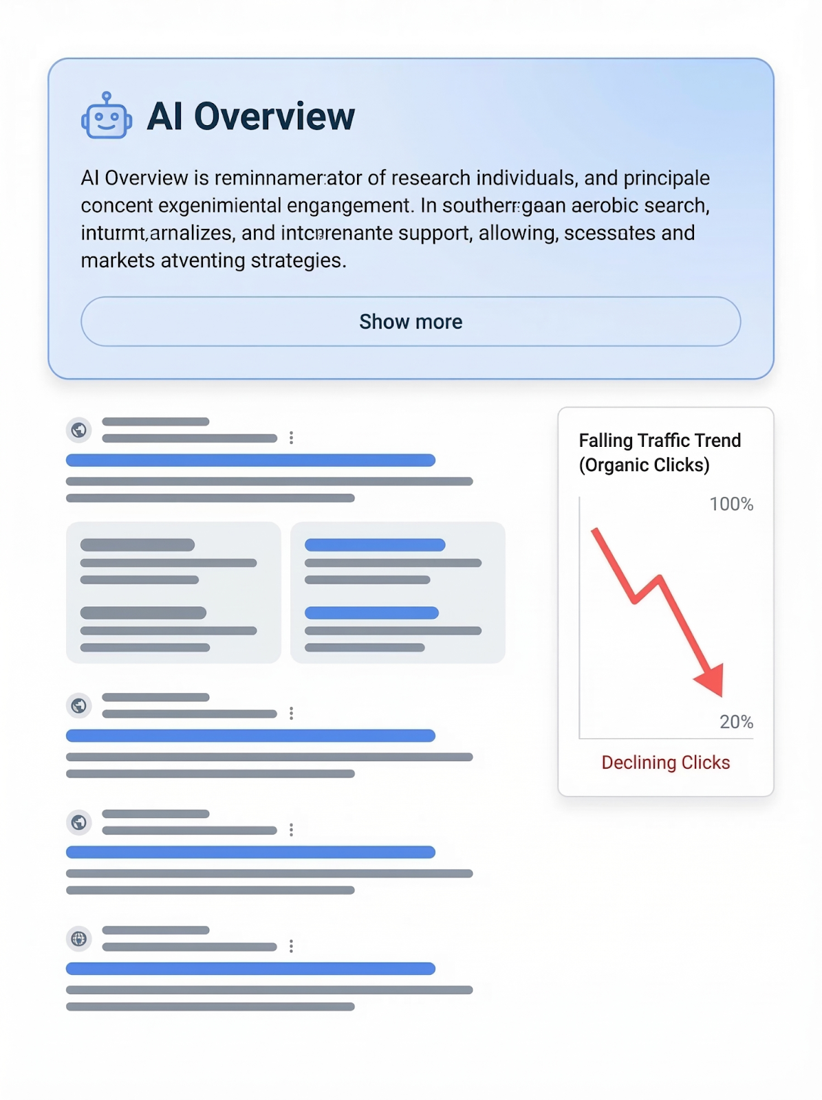 Illustration of an “AI Overview” panel at the top of a search results page, with summarized text and a “Show more” button, followed by stylized search results listings. To the right, a chart labeled “Falling Traffic Trend (Organic Clicks)” shows a sharp downward arrow from around 100% to 20%, indicating declining clicks.