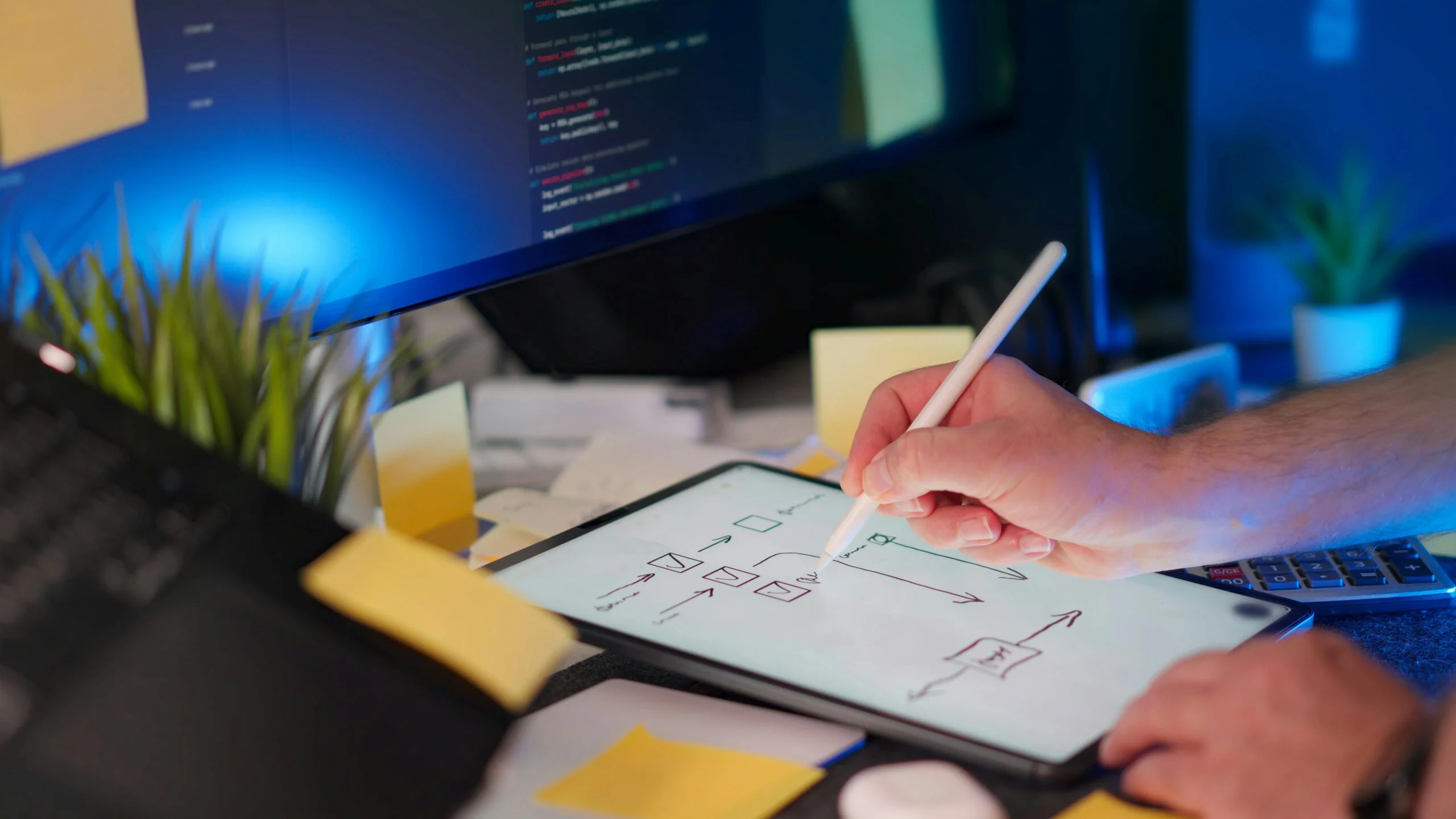 Person sketching a software development workflow diagram on a tablet with a stylus, code visible on the monitor.