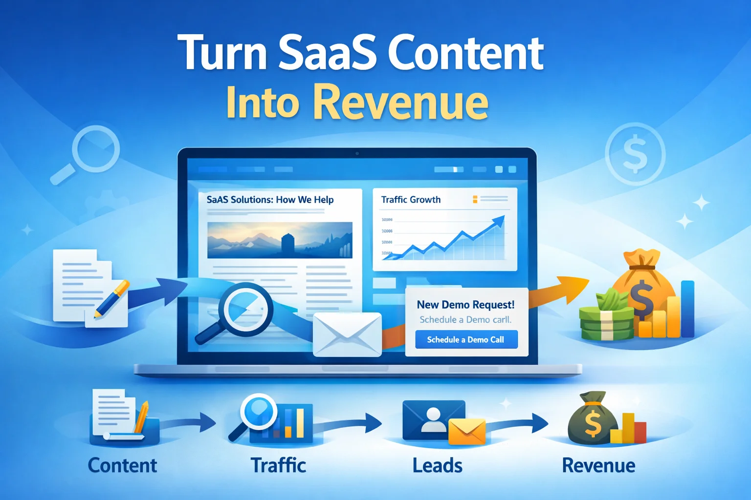 Illustration of a SaaS content marketing workflow showing a laptop with blog content, traffic growth chart, and demo request notification, connected by arrows representing content, traffic, leads, and revenue growth.