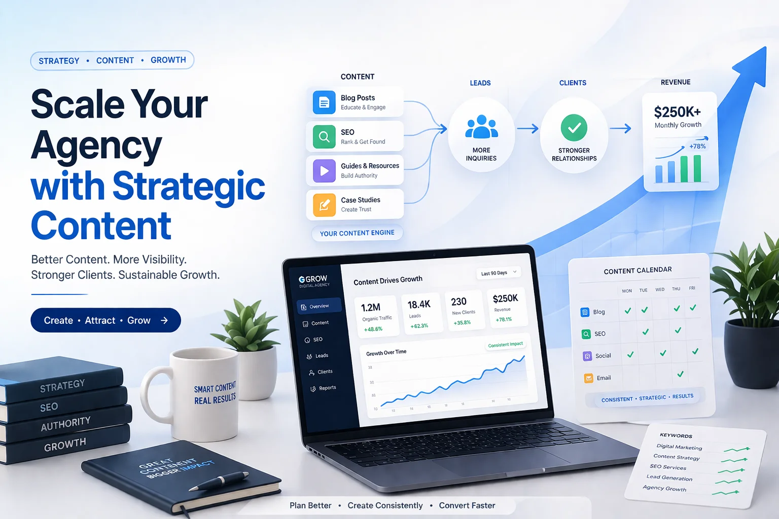 Content marketing growth engine for digital agencies showing how blogs, SEO, and analytics generate leads, convert clients, and drive scalable revenue growth