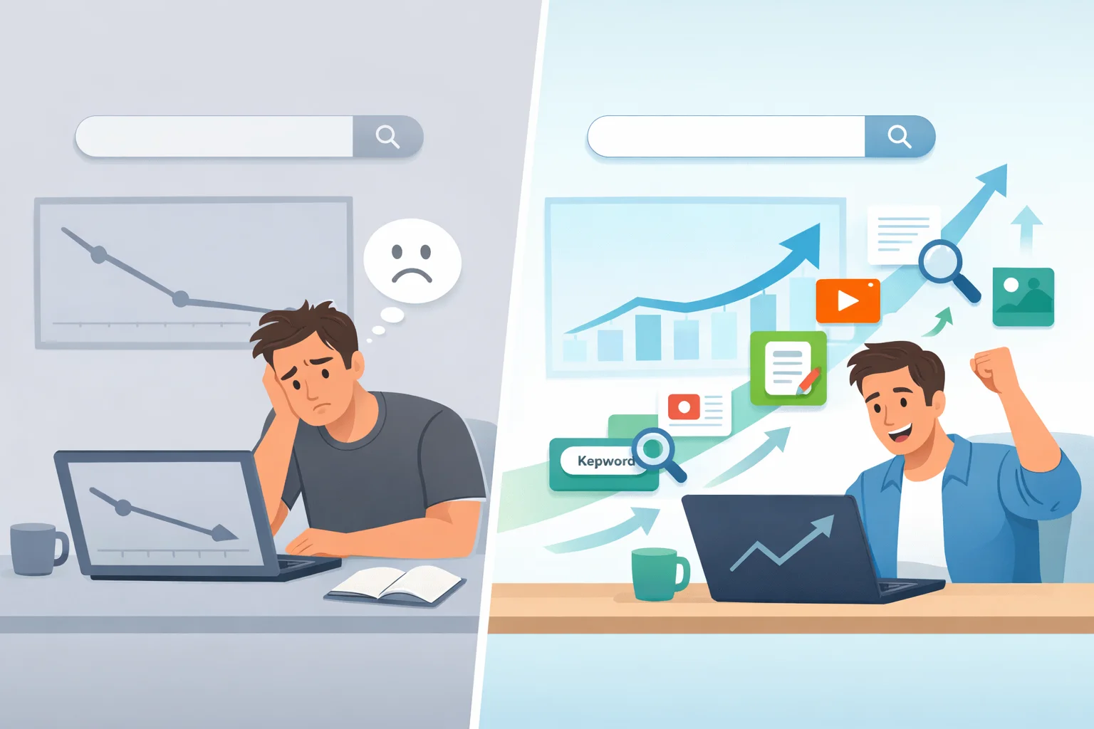 Illustration showing how SEO content writing drives traffic growth for startups through a structured content strategy