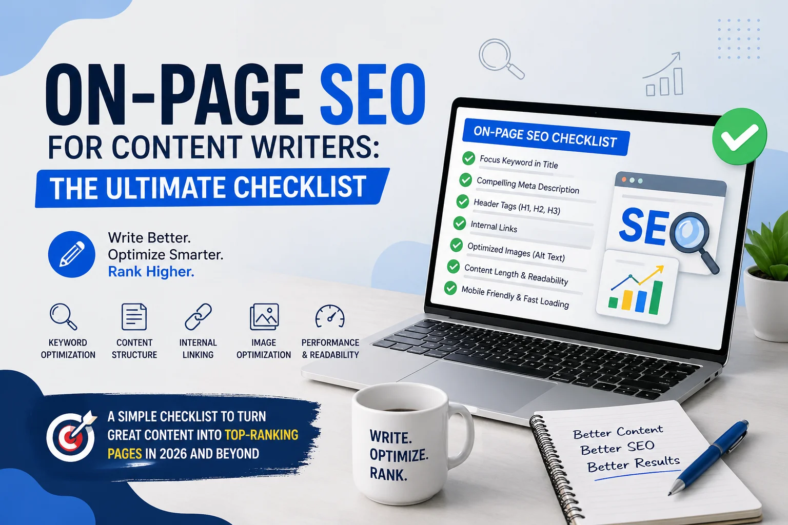 On-page SEO for content writers ultimate checklist showing keyword optimization, internal linking, meta description, and content structure on laptop screen