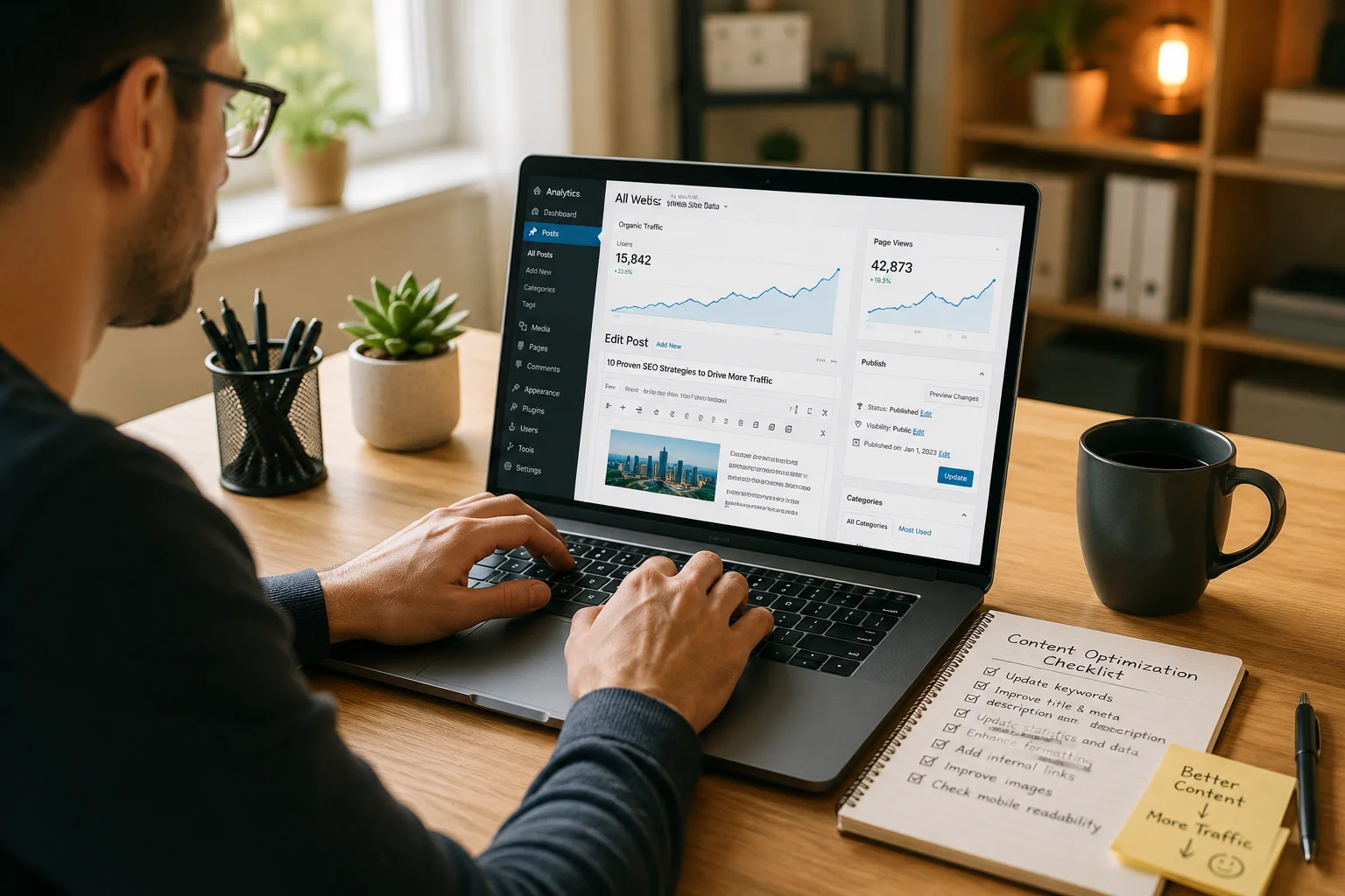 Content marketer updating old blog content on laptop to improve SEO rankings and website traffic
