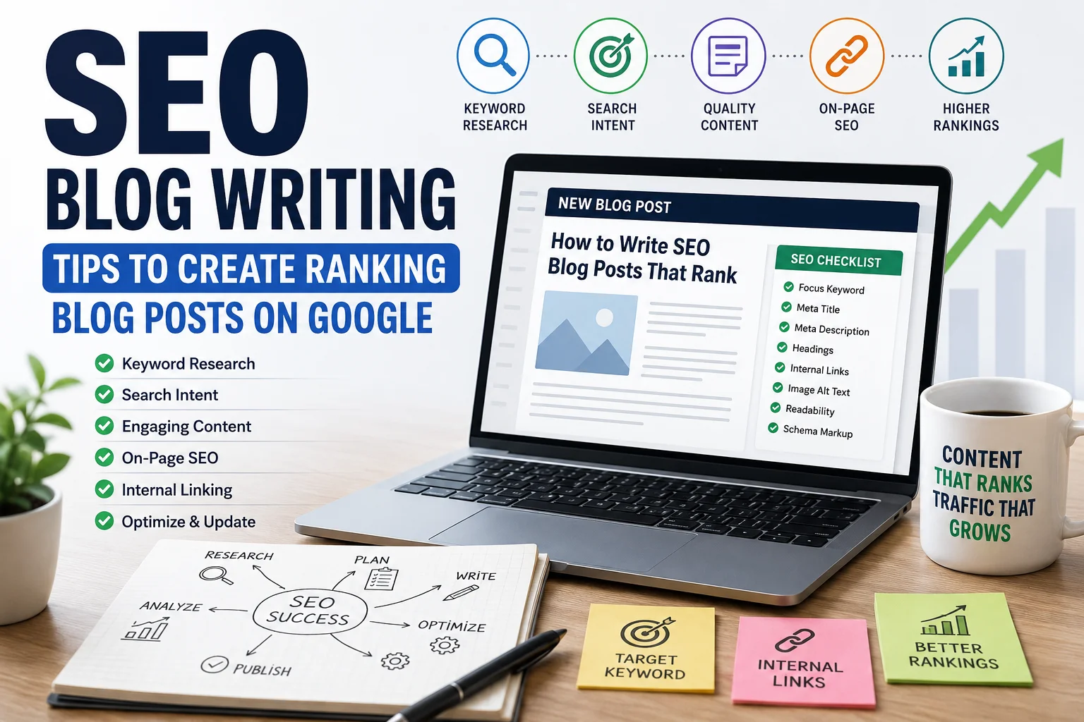 Modern SEO blog writing featured image showing a laptop with blog post checklist, keyword research, search intent, on page SEO, internal linking, and content strategy elements designed to illustrate how to create ranking blog posts on Google.